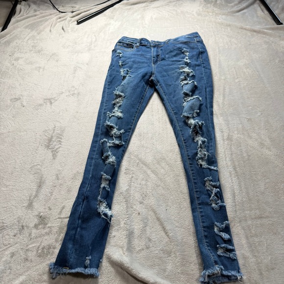 Womens Blue Denim Skinny Jeans Distressed Ripped High Rise Frayed Hem Size M - Picture 3 of 7